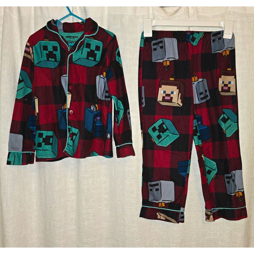 Boys Pajama Lot 2 Sets Minecraft and Bear Buffalo Plaid Fleece XS 4/5